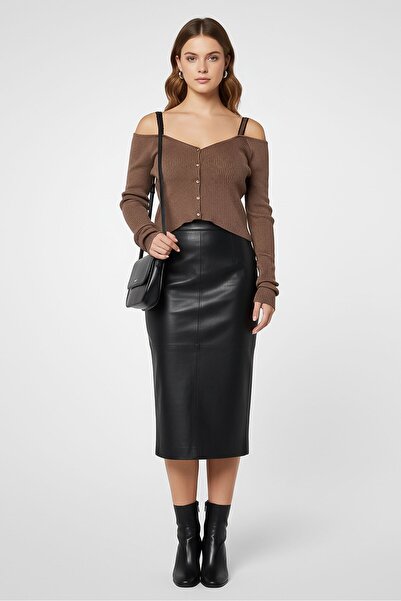 PİNKO Women Square Neck Long Sleeve Metallic Top, Brown