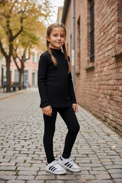 Fulla Moda Fitilli Likralı Yarım Balıkçı Yaka Kız Çocuk Taytlı Takım