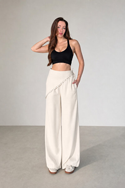 MİROR Women's White Stone Detailed Scarf Detail Wide Leg High Waist Trousers