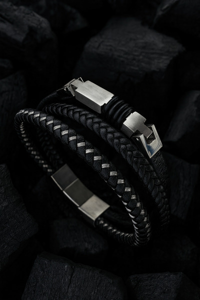 OSMANLI GÜMÜŞ Men's Steel Bracelet - 3 Row Leather Braided Model Men's Bracelet