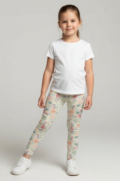 KİAGU Girls' Leggings Pastel Color Floral Patterned Stretchy Fabric 100% Cotton Leggings Cotton Casual Lycra Leggings 2-13 Years