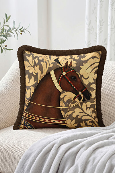 Realhomes Beige Brown Leaf Patterned Fringed Cushion Cover with Ethnic Horse ...