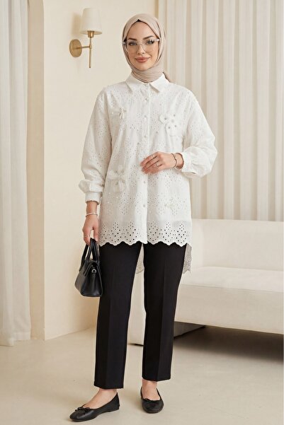 Modamorfo Organza Tulle Detail Inch Buttoned Long Back Tunic with Eyelet Embr...