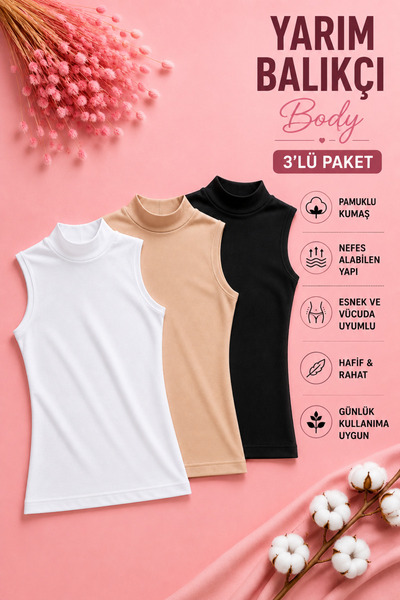Mudcosıo Kadın Yarım Balıkçı Yaka Tesettür Body 3'lüPaket Kolsuz Esnek Likral...