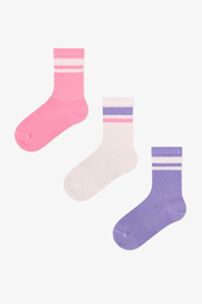 Penti Kız Çocuk Lila Violet Mist Çizgili Pamuklu 3 Çift Soket Çorap