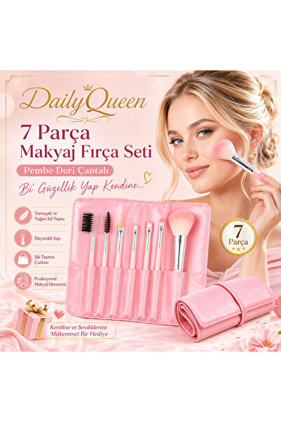 Daily Queen 7 Parça Makyaj Fırça Seti Penbe Deri Çantalı Lüx ve Kaliteli