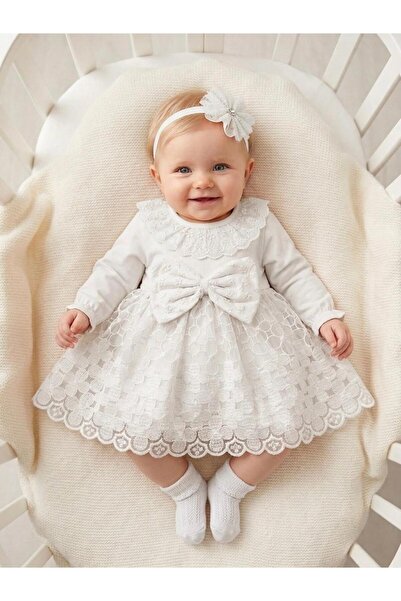 Bebila Baby Baby Girl Mevlütlük Dress with Bandana and Lace, Newborn Hospital...