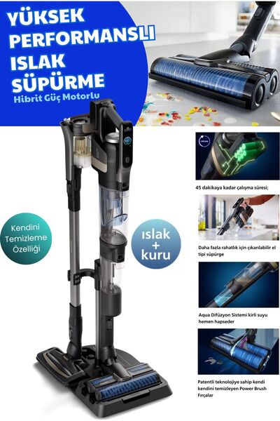 Philips Aqua Trio Serisi 3'ü 1 Arada Dikey Şarjlı Süpürge Siyah 9000 - Kendin...