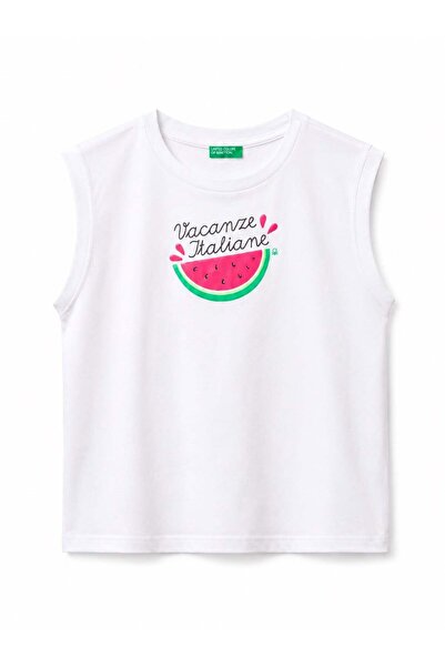 United Colors of Benetton Tricou cu imprimeu pufos pentru fete, alb, 6-14 ani