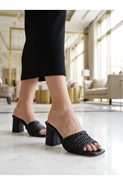 Nesil Shoes Senyo 081 Black Knitted Heeled Women's Slippers