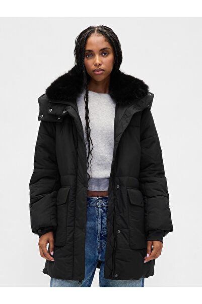 GAP Kadın Siyah Faux Fur-Trim Midi Puffer Şişme Mont