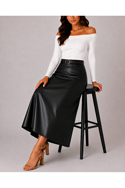 YAXİ Belt Detail Midi Size Bol Black Leather Skirt