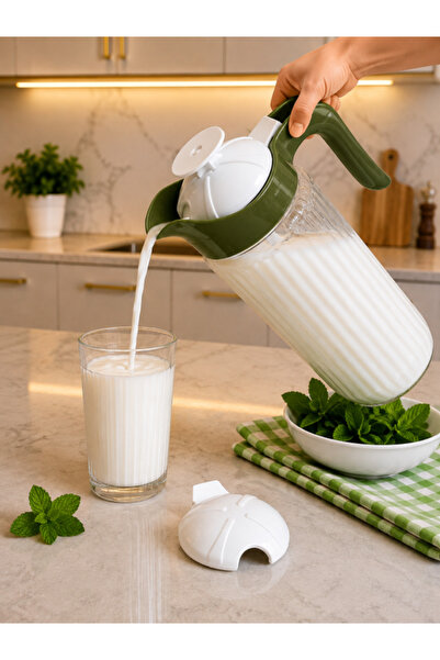 abenim 1500 cc Yeşil Kapaklı Cam Ayran Karıştırma Sürahisi (yedek kapaklı)