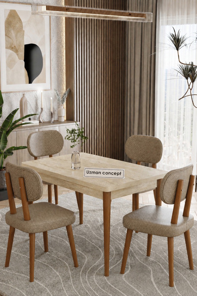 UZMHOME 70 x 110 Sabit Traverten Mutfak Masa Takımı 4 Sandalyeli