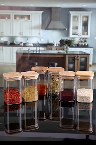 Karçiçeği Home 6'lı 500 Ml Kare Bambu Kapaklı Lüks Vakumlu Baharatlık - 8460-2