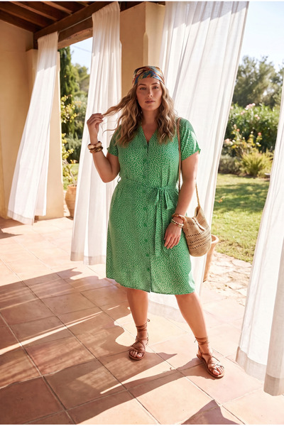 Stil Diva Rochie mărime Plus cu imprimeu floral, cu cordon, cu nasturi, mater...