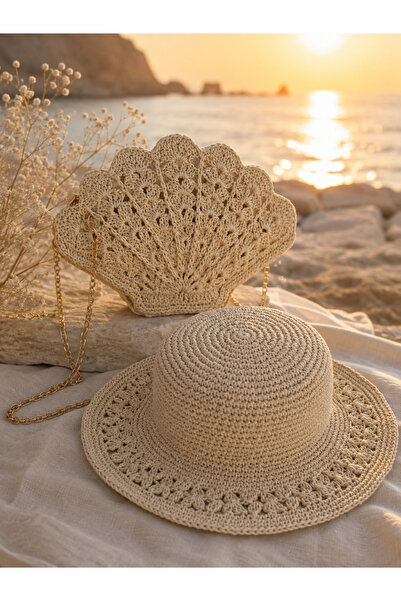 ARTTMACRAME مجموعة قبعة وحقيبة من القش |   مجموعة إكسسوارات نسائية لحقيبة الش...