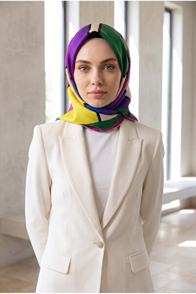 Vissona %100 Twill İpek Geometrik Desenli Zümrüt Yeşili - Fuşya Renkli 90x90 ...