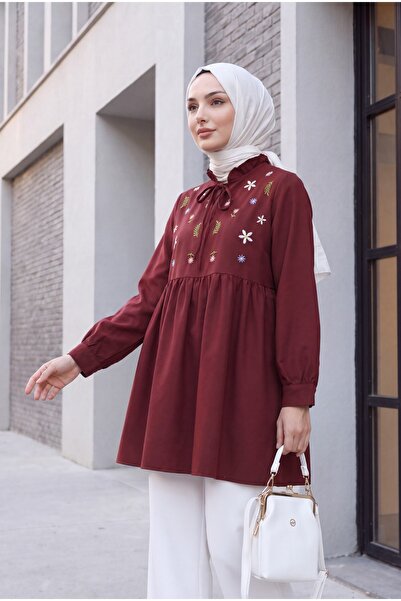 Modamorfo V-Neck Tie Collar Ruffled Floral Embroidered Poplin Tunic - Burgundy
