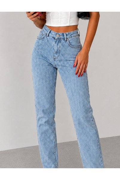 SHEVEGA Mamaliga Kadın Buz Mavi Taş Detaylı Boyfriend Mom Jeans Kot Pantolon