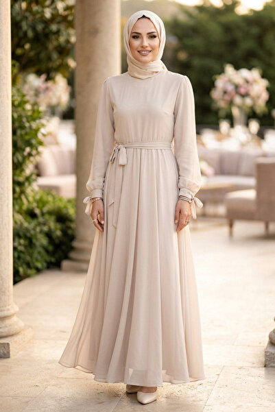 N.S NEVA STYLE Chiffon Beige Hijab Evening Dress 62171Bej
