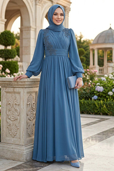 Neva Style Dantelli Mavi Tesettür Abiye Elbise 21940M