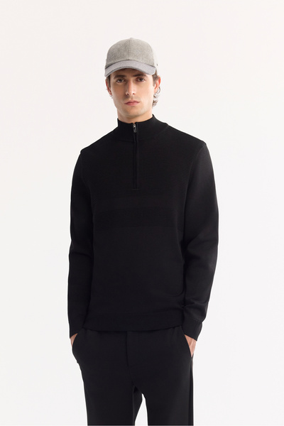 Avva Men's Black Stand Collar Zippered Rayon Non-Pilling Knitwear Regular Fit...