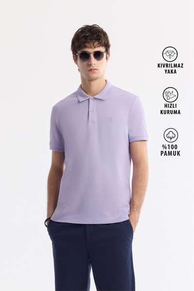 Avva Men's Lilac Non-Curling Polo Neck 100% Cotton Basic Regular Fit T-Shirt ...