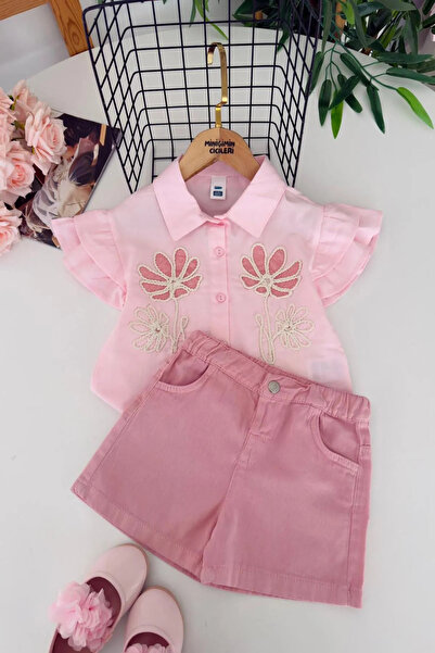 Minigimin Cicileri My Little Girl's Premium Daisy Embroidered Shorts Set - Pink