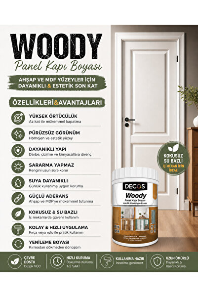DECOS WOODY Beyaz - Renkli Panel Kapı ve Mobilya Boyası | Su Bazlı Kokusuz | Mutfak Dolabı, Ahşap, MDF ve Dönüşüm Boyası