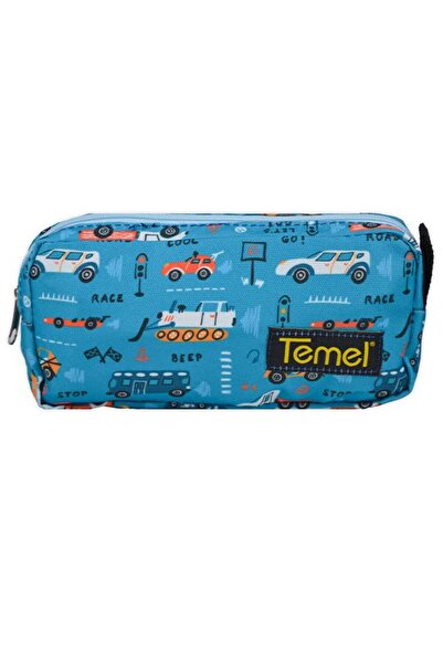 Temel Ocean Blue Single Compartment Pencil Bag with Vehicle Pattern