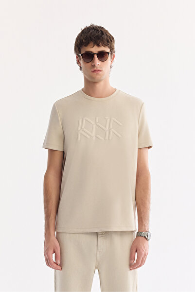 Avva Men's Beige Crew Neck Printed Bi-Stretch Interlock Regular Fit T-Shirt A...