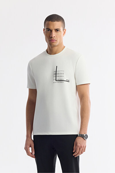 Avva Men's Ecru Crew Neck Printed Bi-Stretch Interlock Regular Fit T-Shirt A5...
