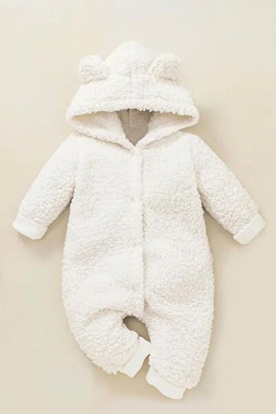 Bubito Kışlık Tatlı Kapşonlu Bebek Peluş Welsoft Tulum Beyaz