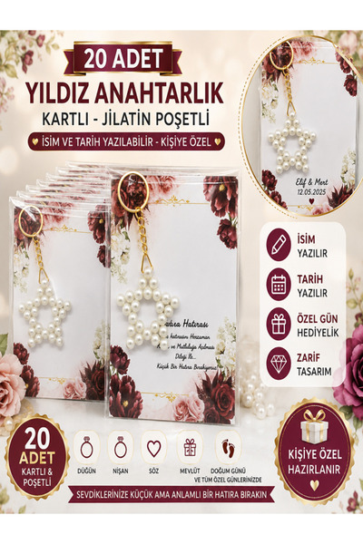 tasarımatölyesim Inci Yıldız Anahtarlık Kartlı Düğün Nikah Nişan Söz Hediyeli...