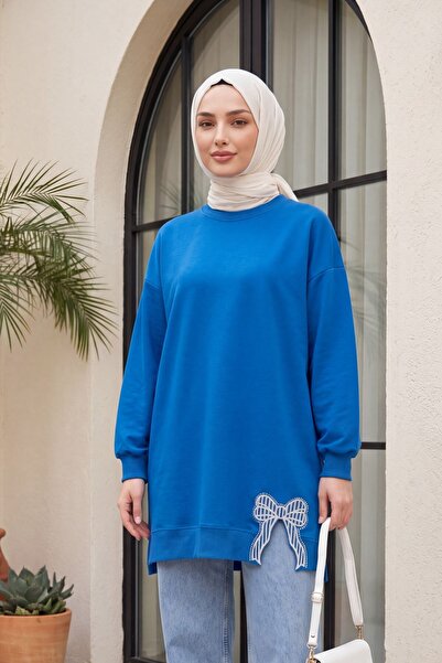 Modamorfo Round Neck Skirt with Bow Detail, Loose Combed Cotton Tunic - Blue