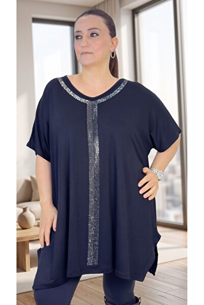yagmurberen Stone Embellished Detail Circular Neck Short Sleeves Loose Fit Vi...