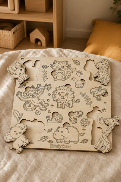 MindyKidsy Natural Puzzle with Wooden Animal Figures |   Montessori Education...