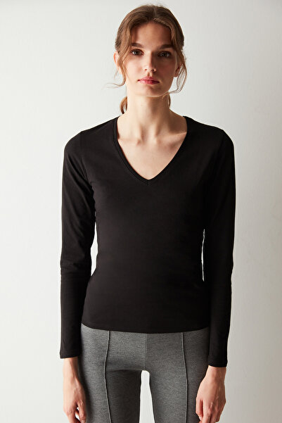 Penti Cotton V-Neck Basic Black Long Sleeve Top