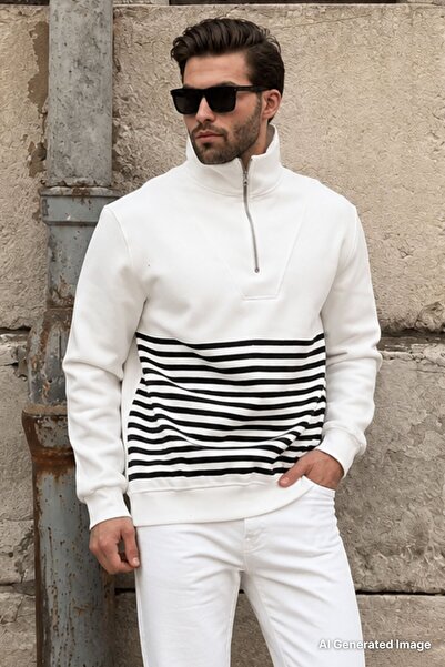 Madmext Ecru Zipper Collar Striped Sweatshirt 7056