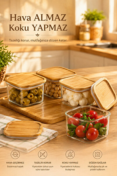 Porsima Square 4-Piece Airtight Glass Breakfast Set with Bamboo Stand and Bam...