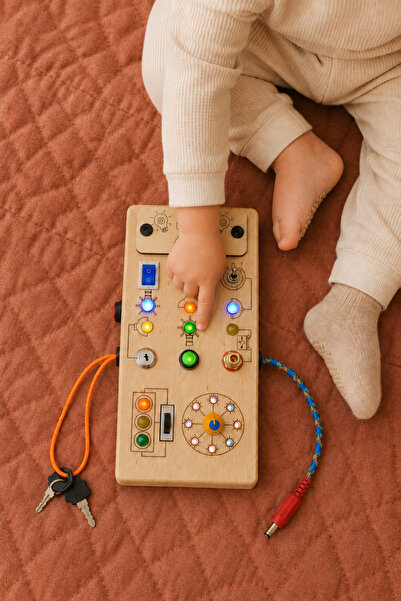 MindyKidsy Çocuklar İçin Eğitici Ahşap Montessori Işıklı Oyun Panosu - Zeka G...