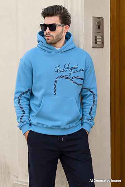 Madmext Blue Printed Hooded Men's Sweatshirt with Pocket Detail 7067