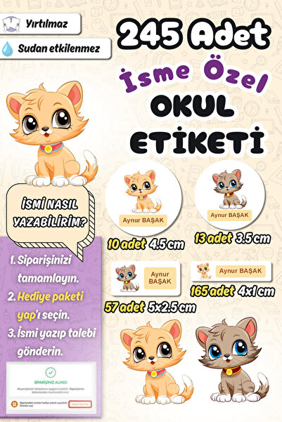 Sticker Ekspres Okul Etiketi Şirin Kediler Kalem Defter Etiketi Özel İsim Yaz...