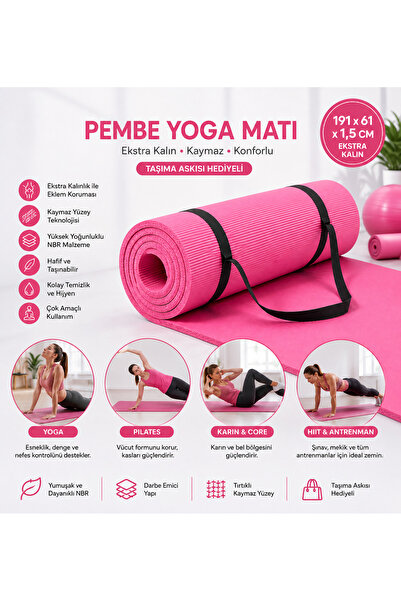 GUS Company GUS PRO - 191 CM Pembe Yoga Matı (1,5 CM Ekstra Kalın Kaymaz Antr...