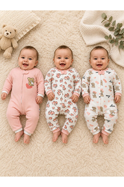 PonçiKids 3’LÜ SET - Premium %100 Pamuk Fermuarlı Uzun Kollu Bebek Tulumu Des...