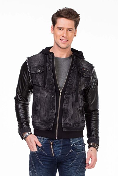 Cipo&Baxx C-1290 Leather Sleeve Hooded Denim Jacket
