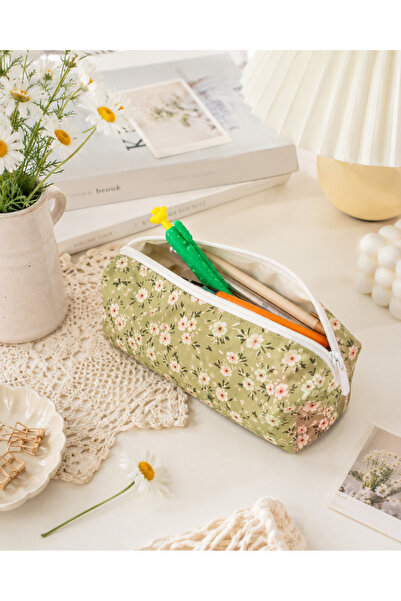 ikizelbutik Puff Green Floral Pencil Case – Zippered Lined School & Office Pe...