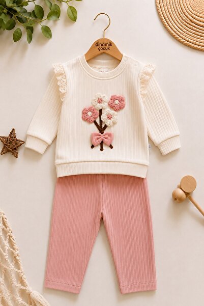 dinamik çocuk Baby Girl Süzene Daisy Bowknot 2-Piece Top and Bottom Set - Rib...