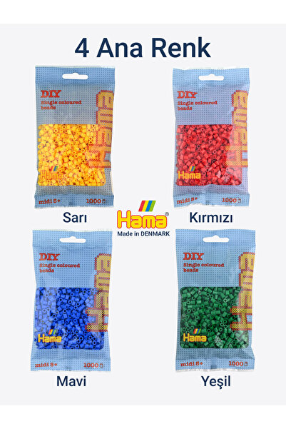 Hama Midi Boncuk 1000'lik - 4 Ana Renk (Sarı, Kırmızı, Mavi, Yeşil)